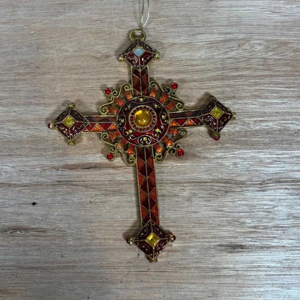 Vintage Jeweled Cross Christmas Ornament Gold Burgundy Enamel Religious Decor